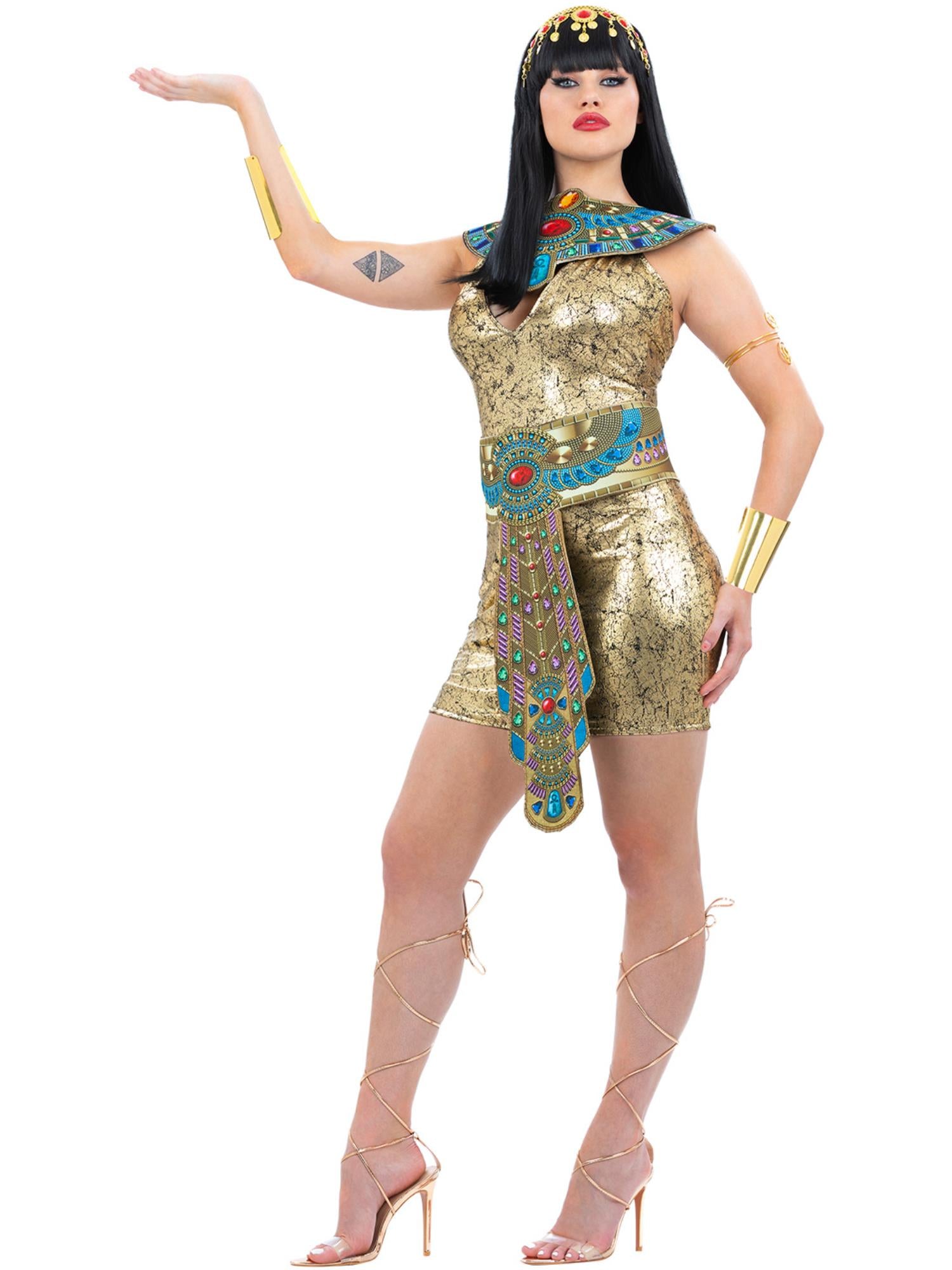 Smiffys Egyptian Kostüm für Damen in Gold mit Kleid, Gürtel und Kragen – Seitenansicht