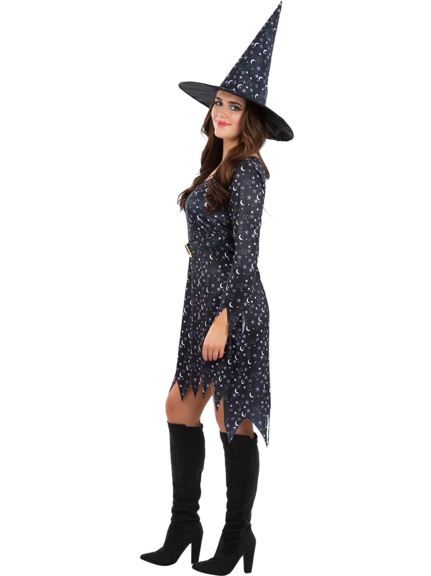 Smiffys Moon & Stars Witch Kostüm für Damen in Schwarz mit Kleid und Hut – Seitenansicht