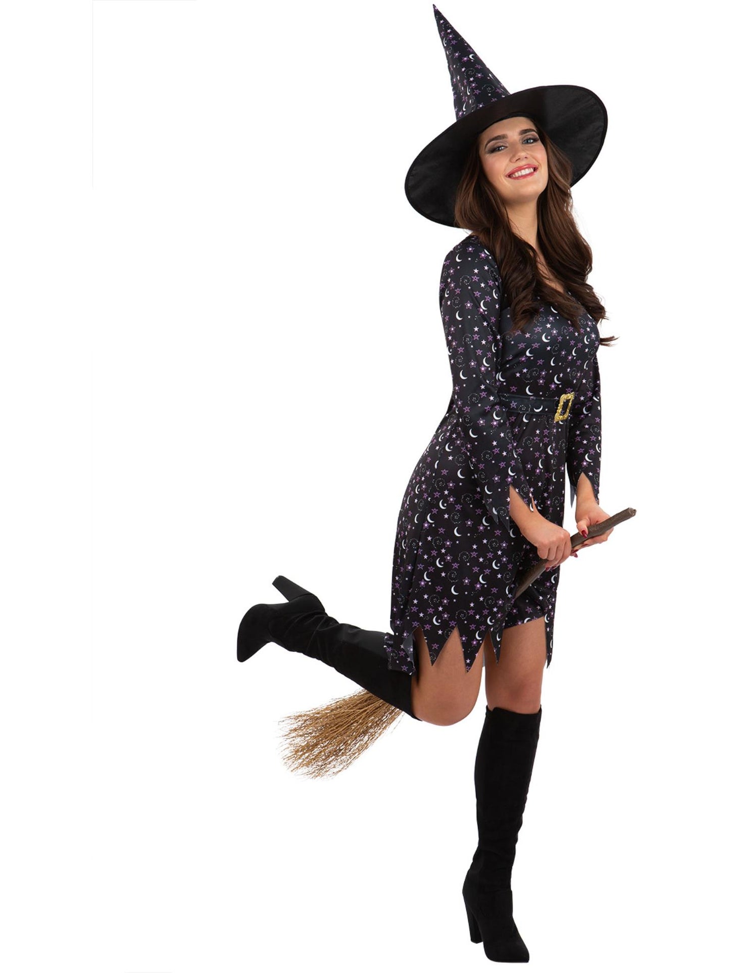 Smiffys Moon & Stars Witch Kostüm für Damen in Schwarz mit Kleid und Hut – Produktansicht