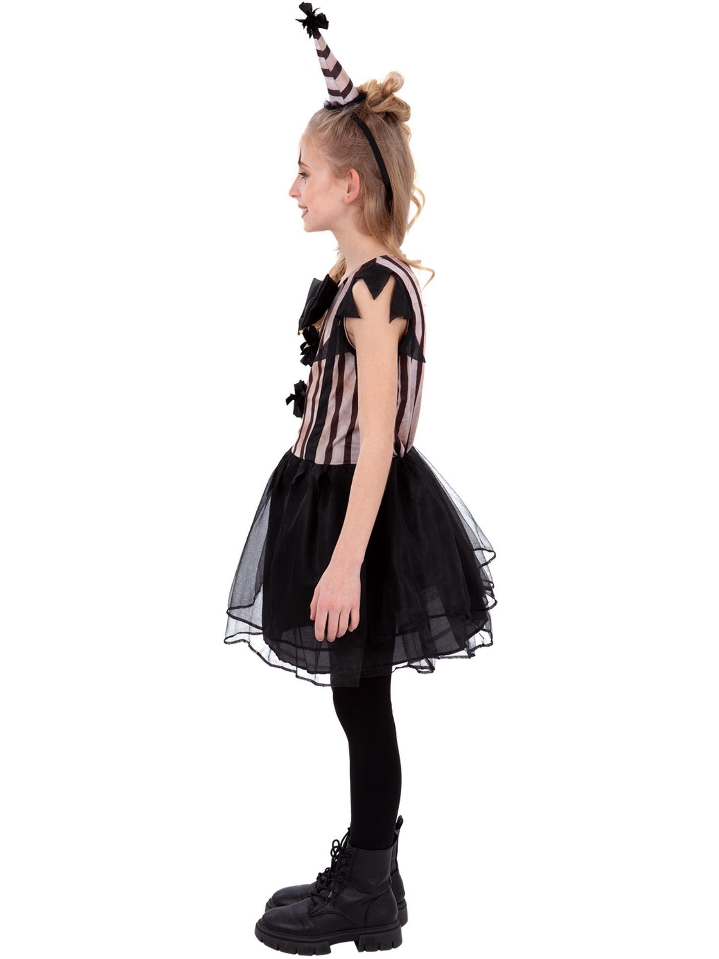 Smiffys Dark Vintage Clown Kostüm für Mädchen in Schwarz mit Kleid und Hut – Seitenansicht
