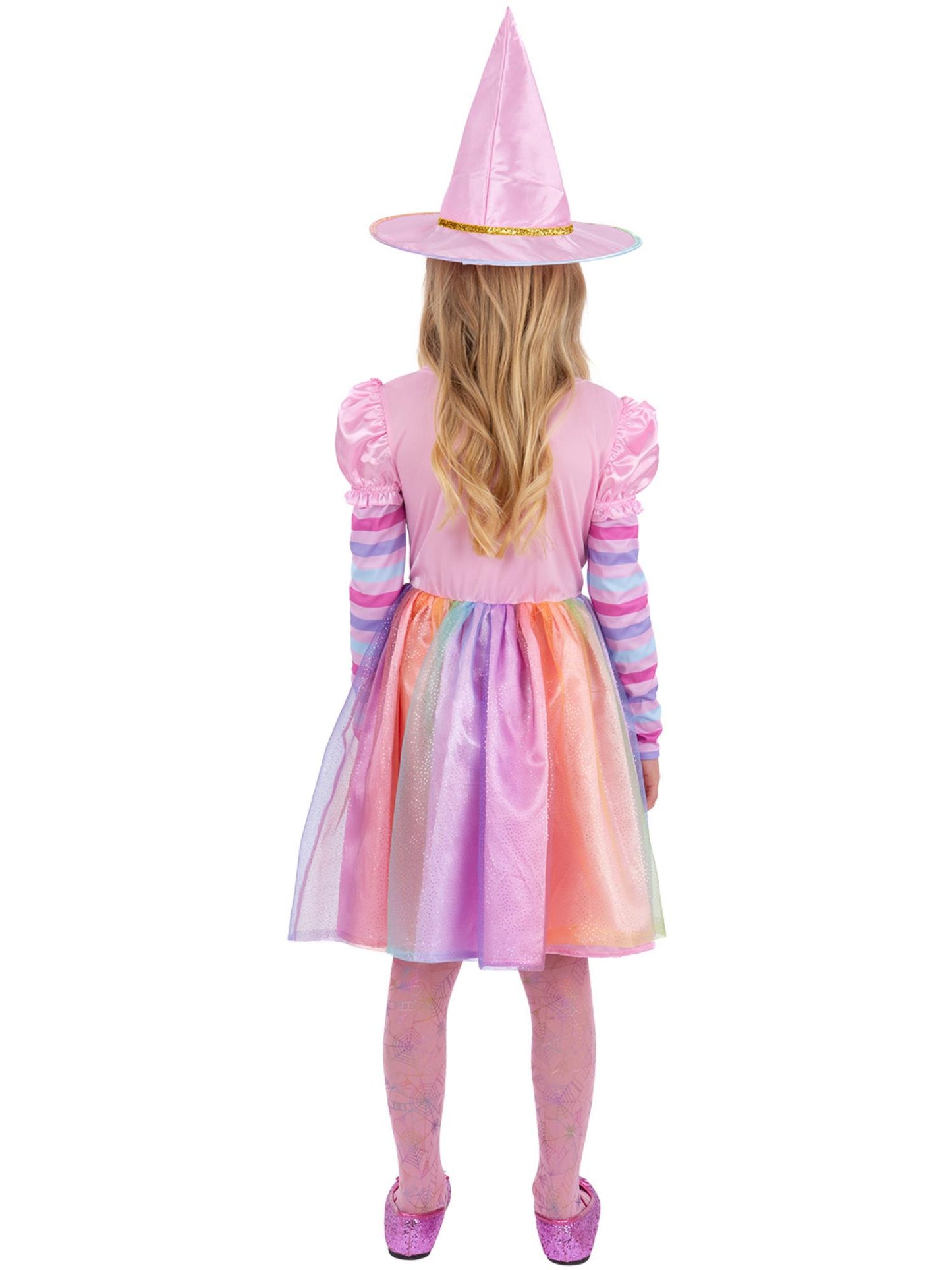Smiffys Pastel Rainbow Hexenkostüm für Mädchen mit Kleid, Hut und Strumpfhose – Detailansicht