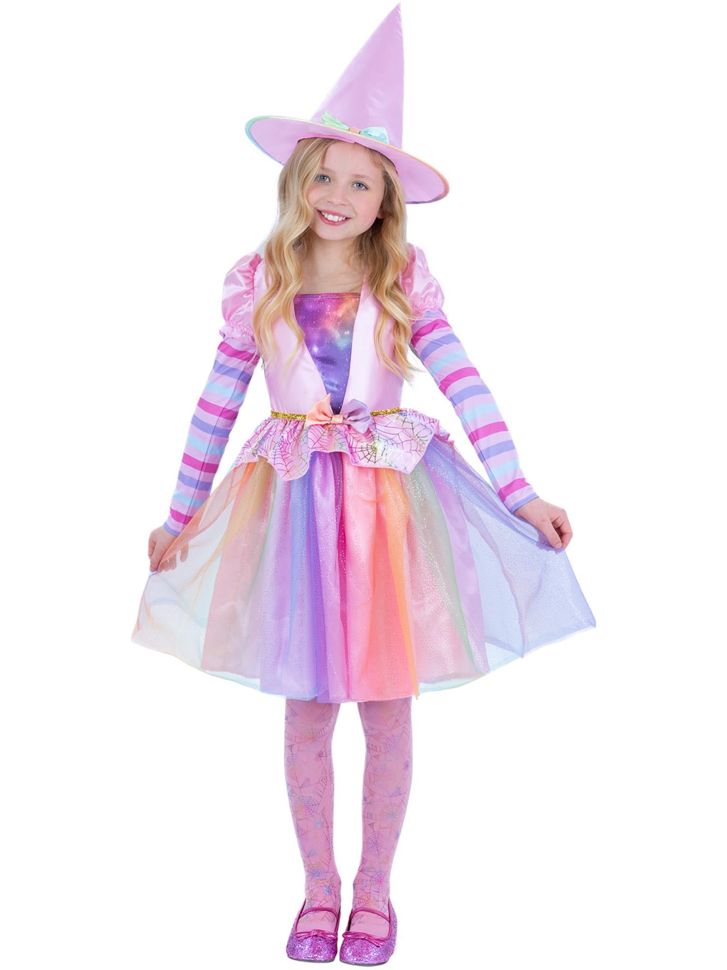Smiffys Pastel Rainbow Hexenkostüm für Mädchen mit Kleid, Hut und Strumpfhose – Produktansicht