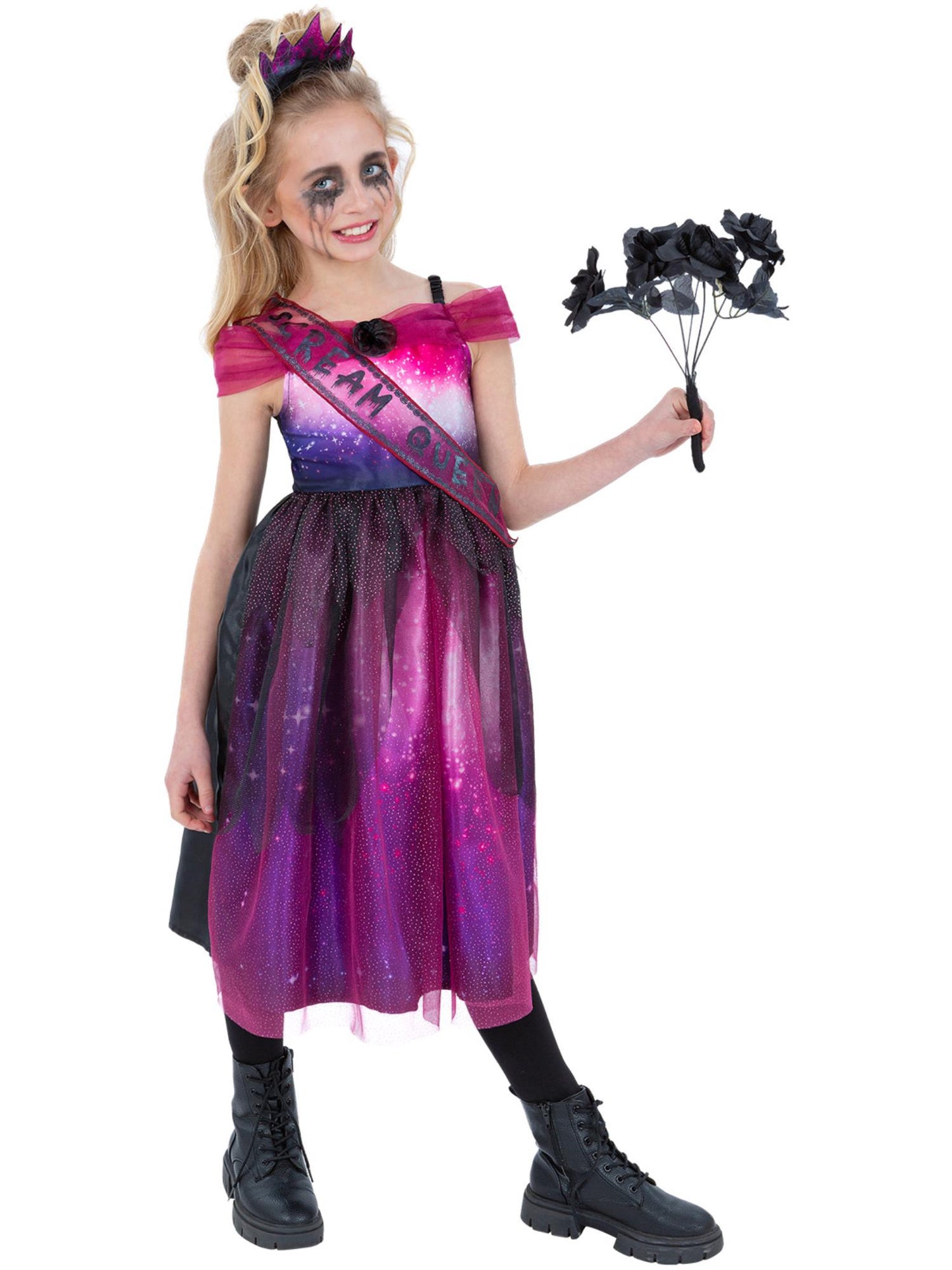 Smiffys Scream Queen Kostüm für Mädchen in Schwarz mit Kleid und Krone – Produktansicht
