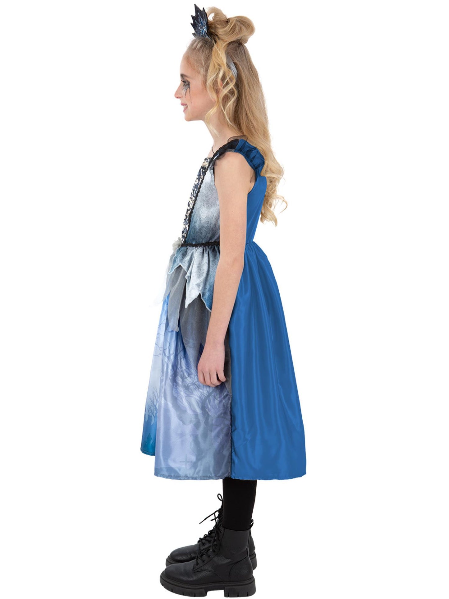 Smiffys Spirit-Brautkostüm für Mädchen in Blau mit Kleid und Tiara – Detailansicht
