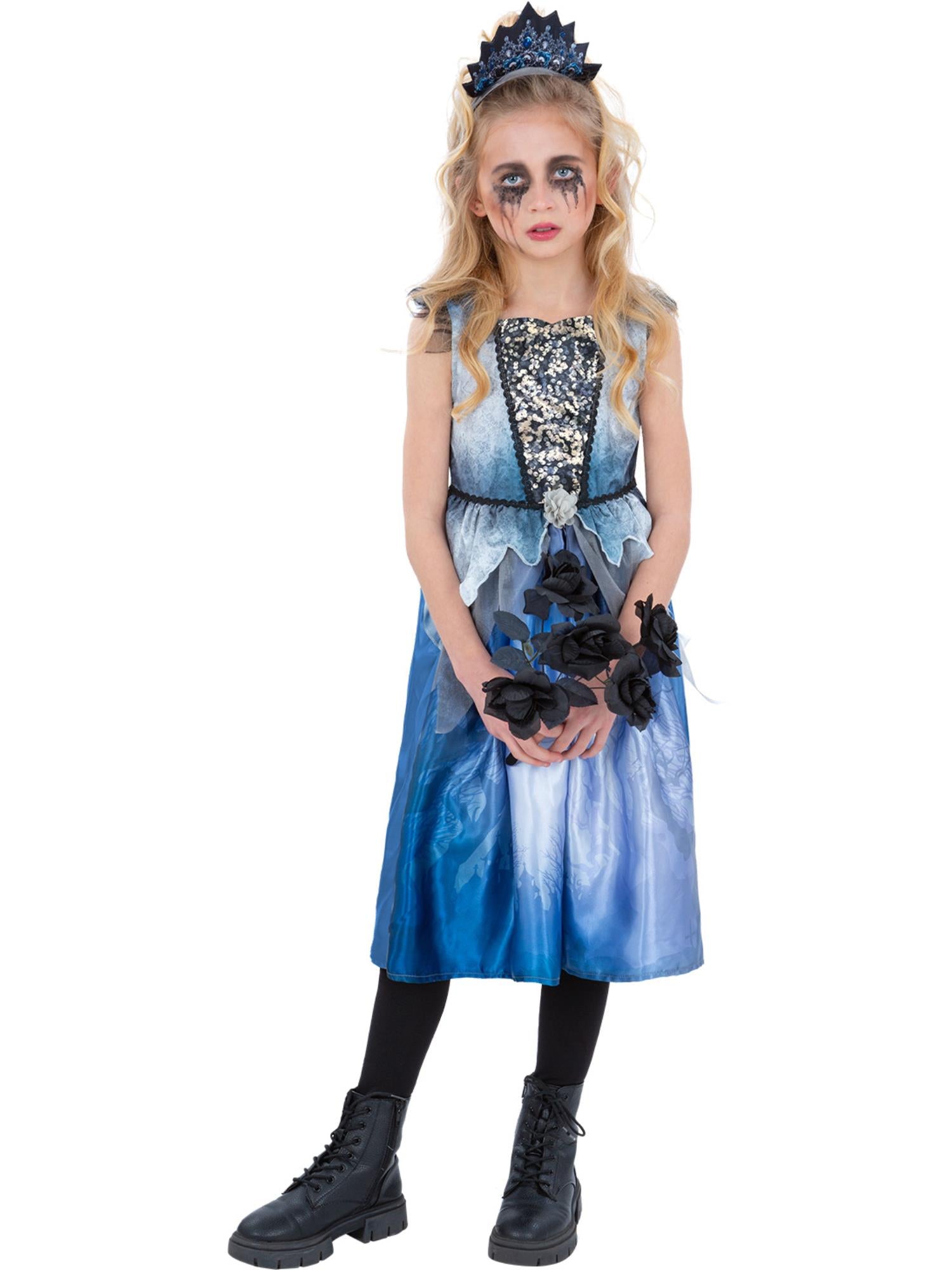 Smiffys Spirit-Brautkostüm für Mädchen in Blau mit Kleid und Tiara – Produktansicht