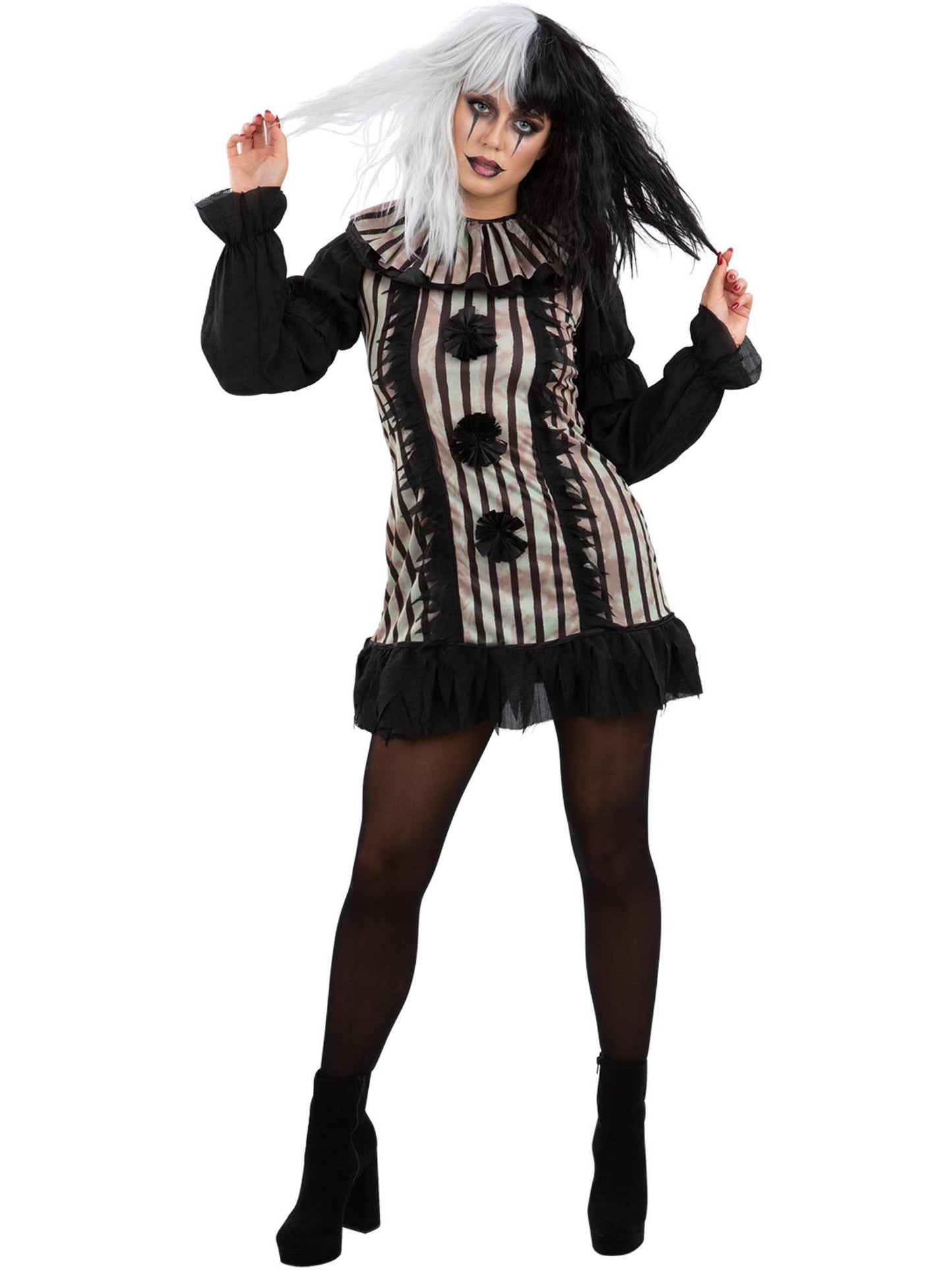 Smiffys Dark Vintage Clown Kostüm für Damen in Schwarz mit Kleid und Halsrüsche – Produktansicht