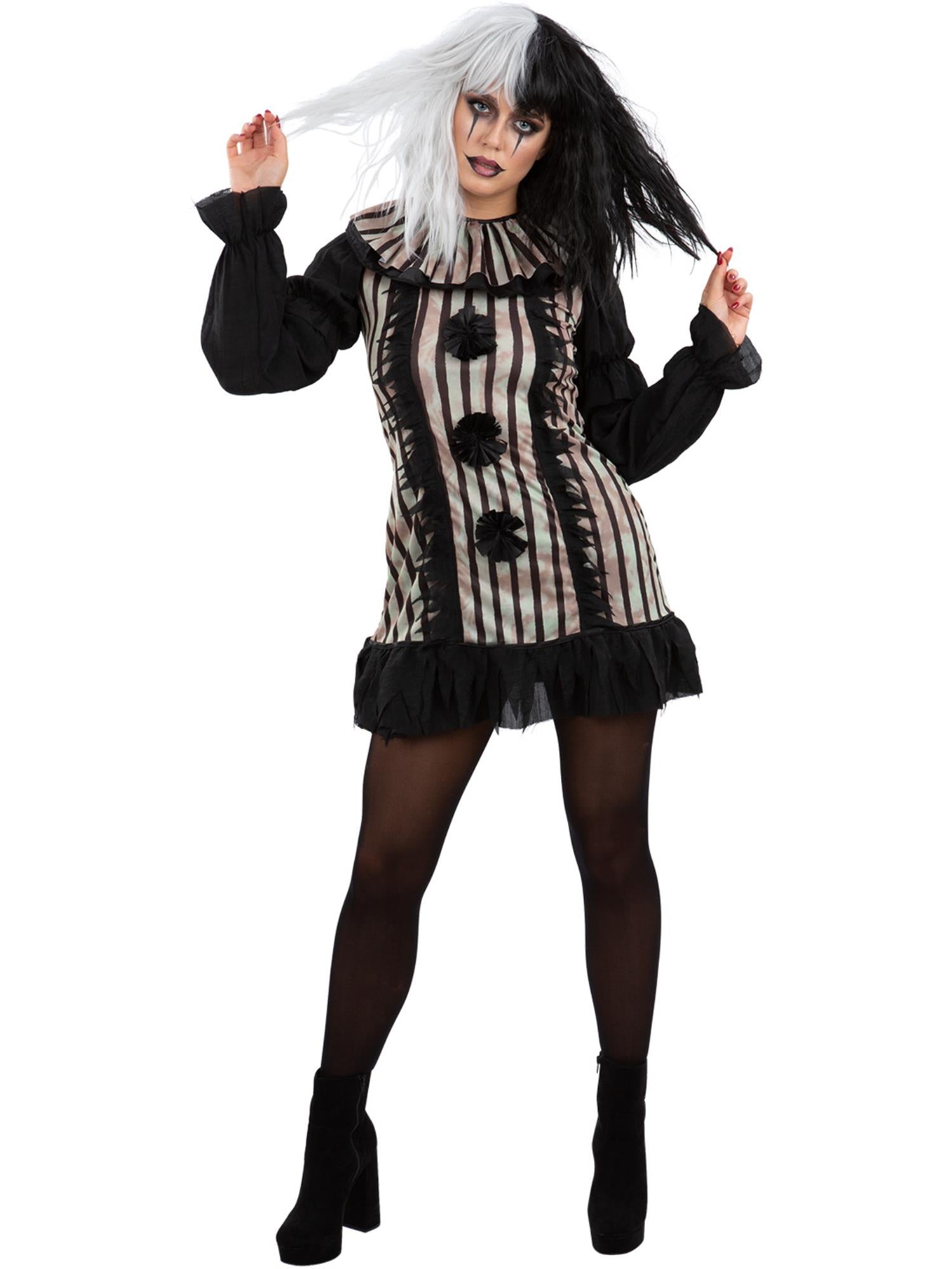 Smiffys Dark Vintage Clown Kostüm für Damen in Schwarz mit Kleid und Halsrüsche – Produktansicht