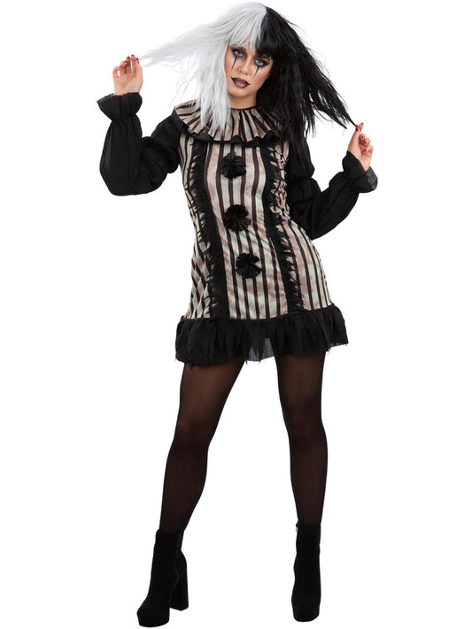 Smiffys Dark Vintage Clown Kostüm für Damen in Schwarz mit Kleid und Halsrüsche – Produktansicht