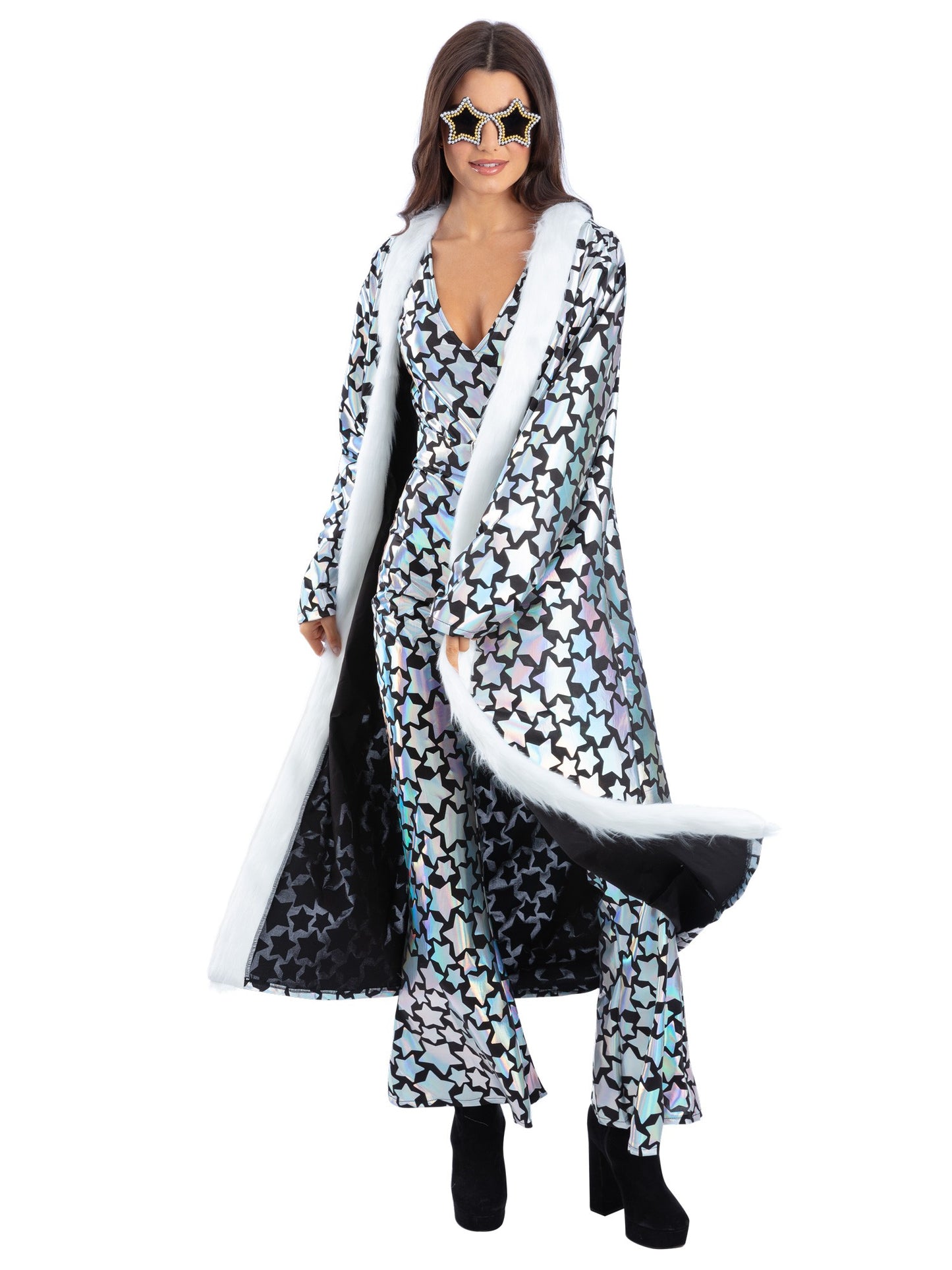 Smiffys Star Gazer Coat schwarzer holografisch schillernder Mantel mit Fellbesatz