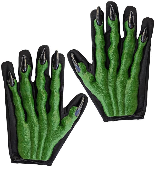 3D Hexenhandschuhe in grün-schwarzem Design für Halloween und Fasnacht