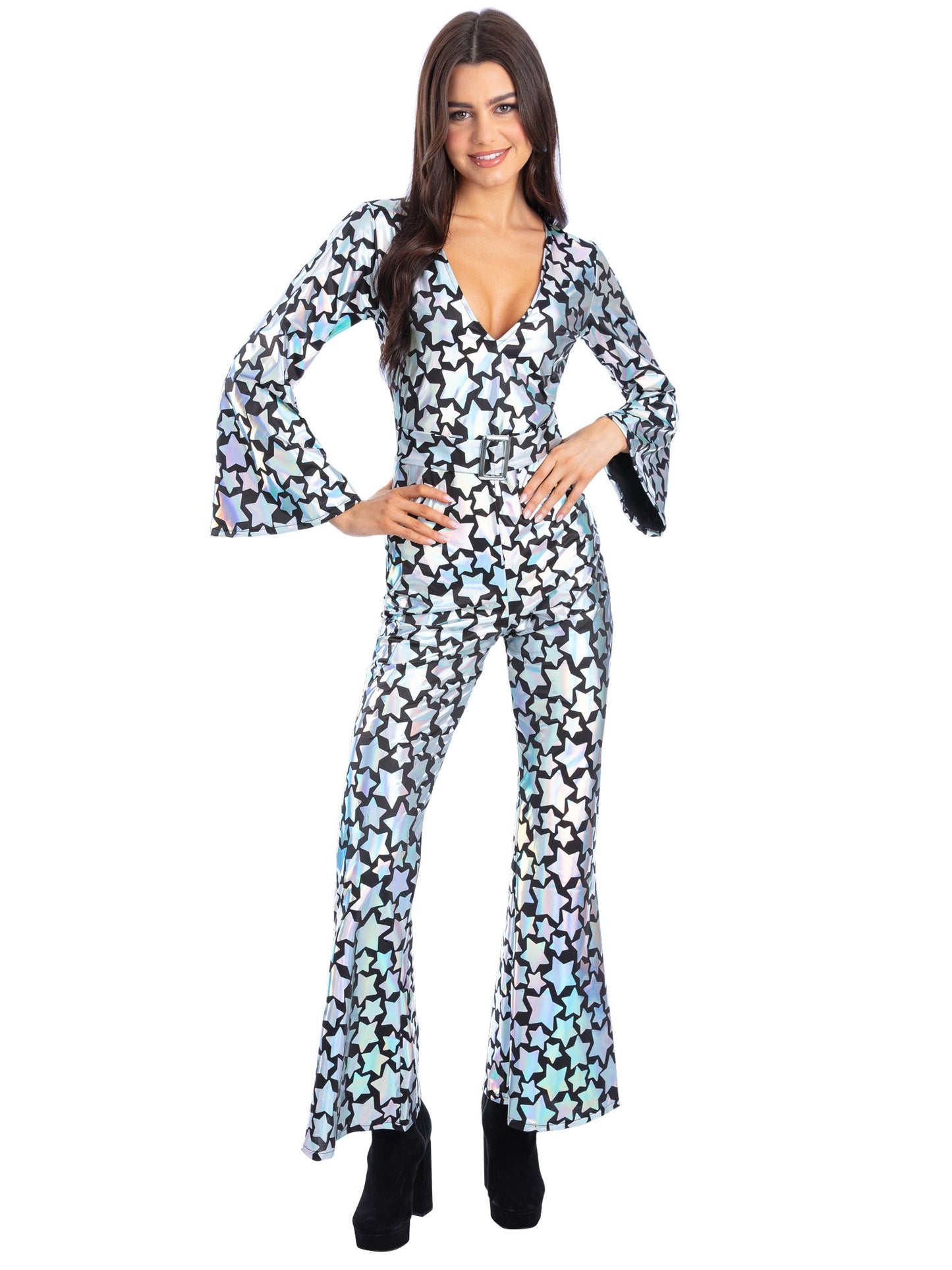 Smiffys Star Gazer Diva Kostüm für Damen, holografisch irisierender Overall mit Gürtel