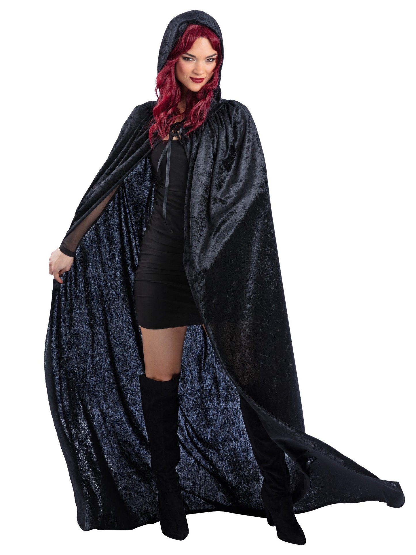 Smiffys Black Velour Hooded Cape – schwarzer Velours-Kapuzenumhang für Erwachsene