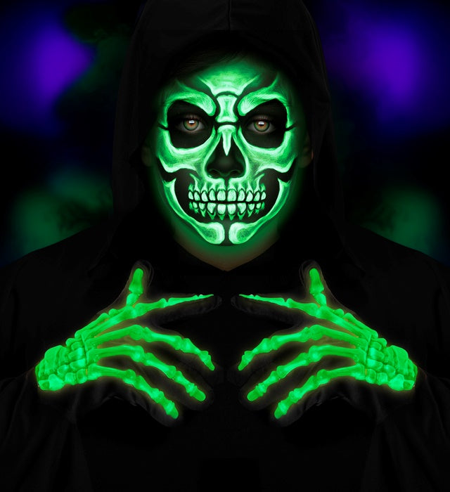 Kinderhandschuhe mit leuchtendem Neonskelett-Motiv für Halloween und Fasnacht