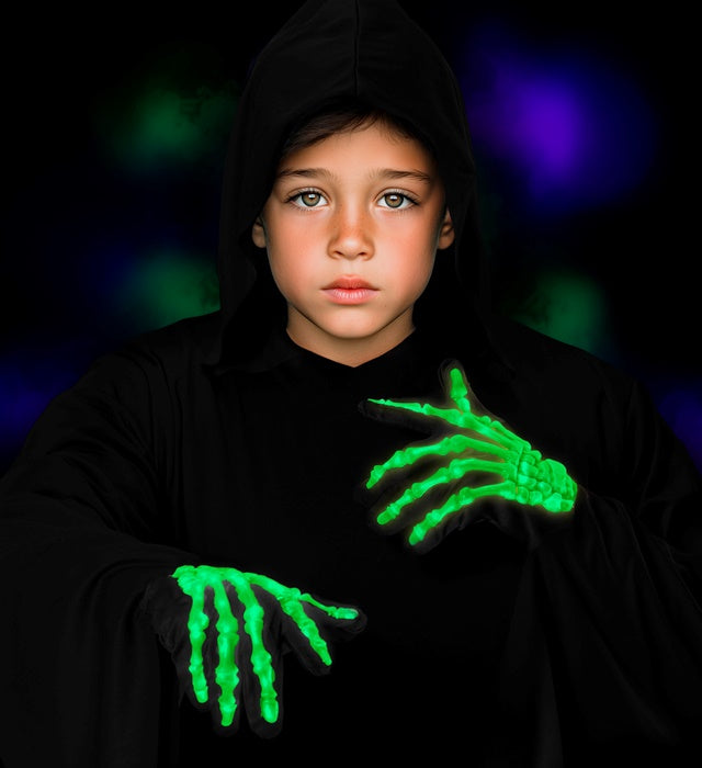Kinderhandschuhe mit leuchtendem Neonskelett-Motiv für Halloween und Fasnacht