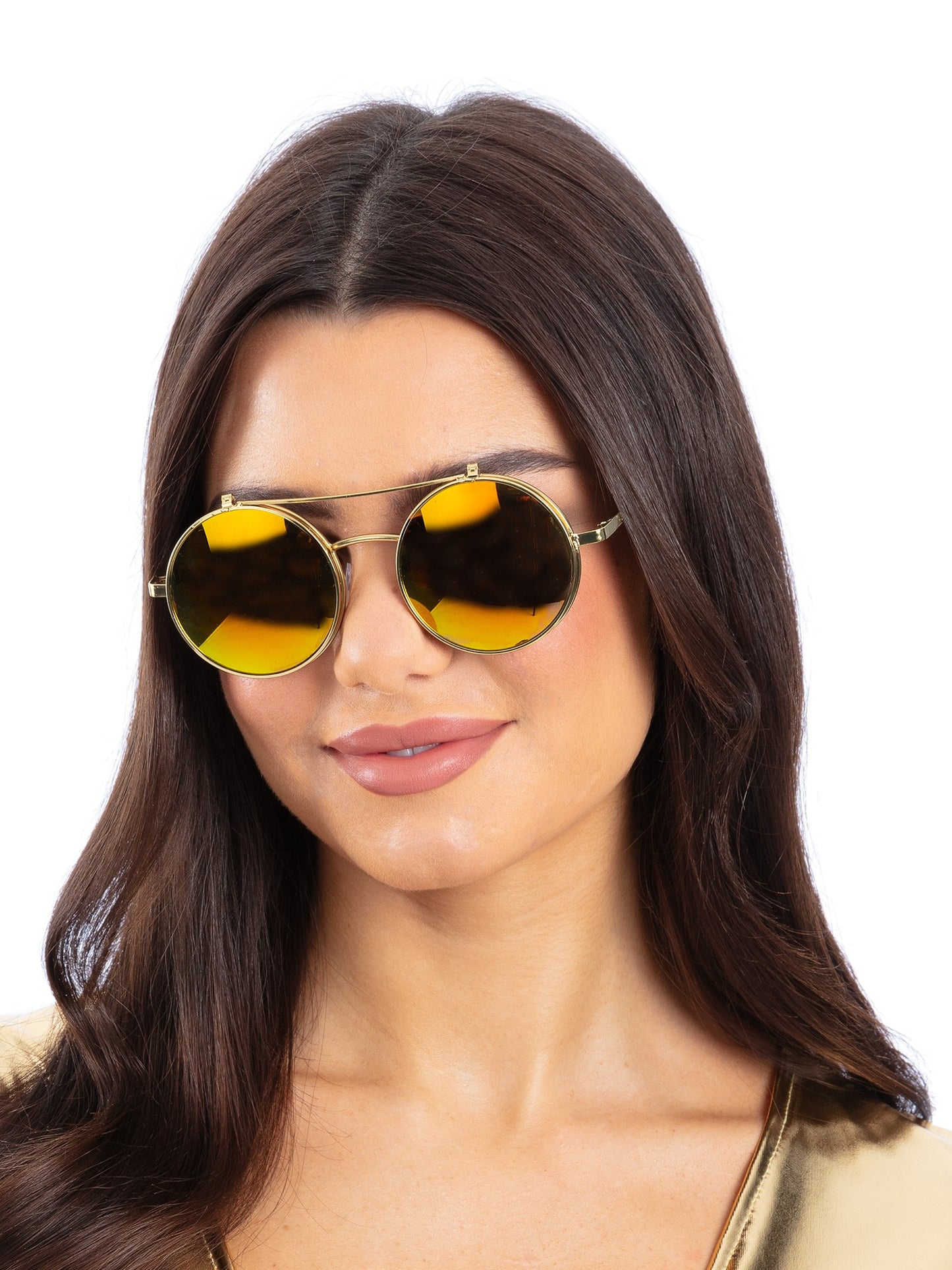 Smiffys goldene runde Flip-Up-Spiegelbrille mit Metallic-Design für Erwachsene