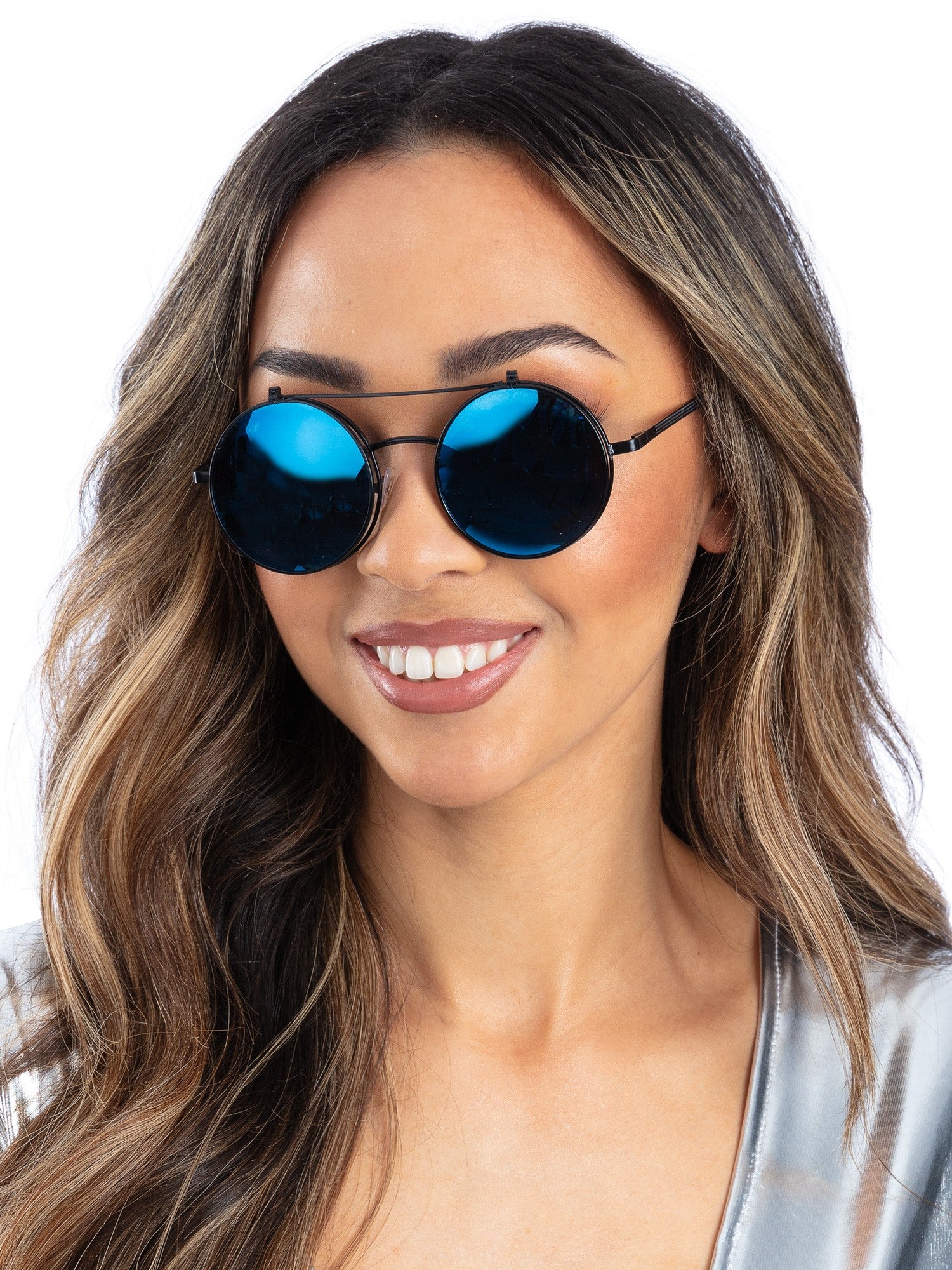 Smiffys blaue runde Flip-Up-Brille mit verspiegelten Gläsern