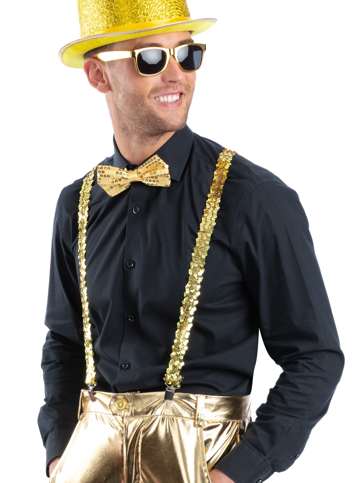 Smiffys goldenes Pailletten-Partyset mit Hosenträgern, Fliege und Brille für Erwachsene