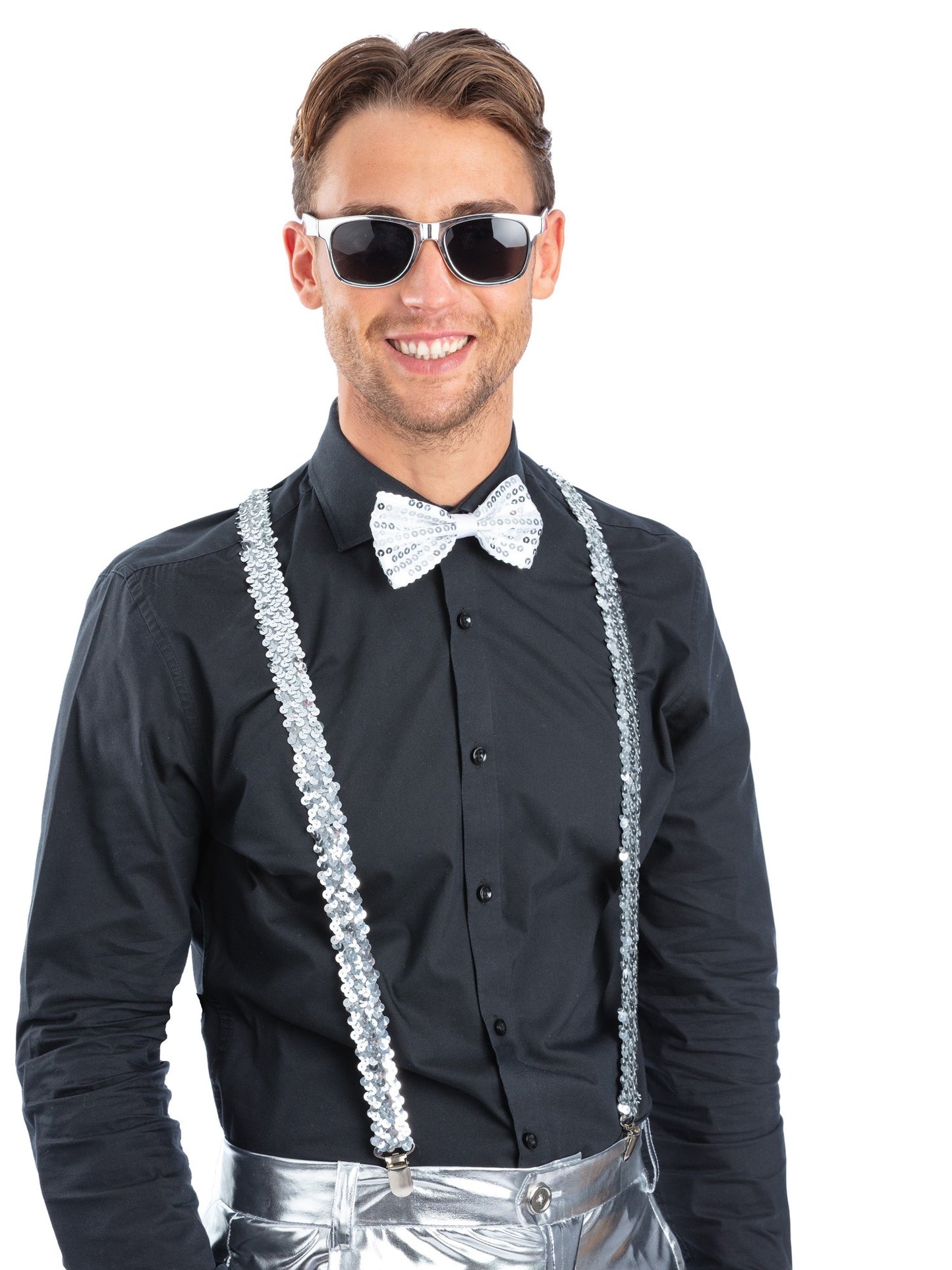 Smiffys Metallic Silver Sequin Party Set mit silbernen Hosenträgern, Fliege und Brille