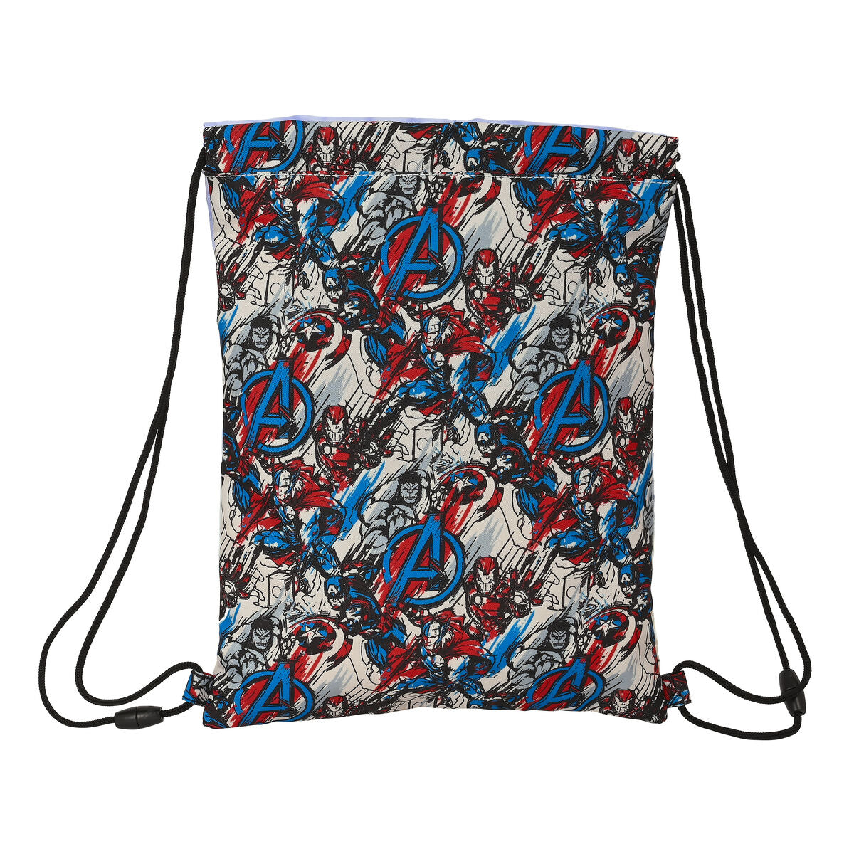 Bunte Avengers Rucksacktasche aus Polyester mit Schnurverschluss und Innenfach, 26x34x1 cm.