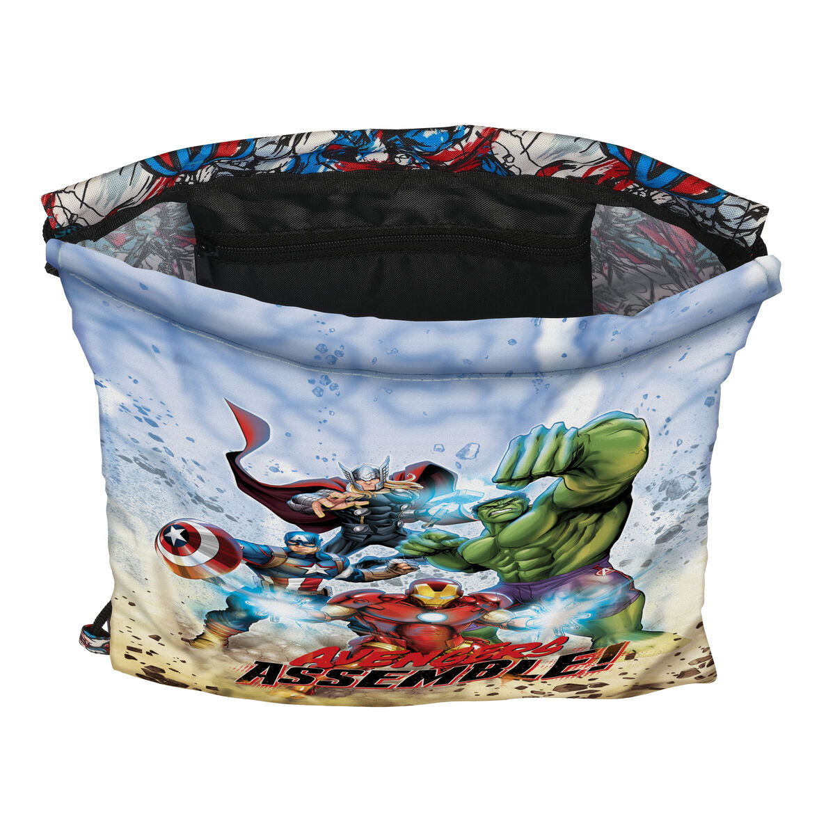 Bunte Rucksacktasche von The Avengers aus Polyester mit Schnurverschluss und Innentasche.