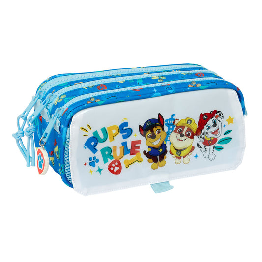 Blaues Paw Patrol Etui aus Polyester mit drei Fächern und zwei Griffen für Schulbedarf.