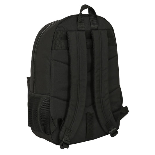 Schwarzer Schulrucksack aus Polyester mit ergonomischer Polsterung und Reißverschlusstaschen.