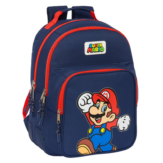 Marineblauer Super Mario Schulrucksack aus Polyester mit Fronttasche und ergonomischer Polsterung