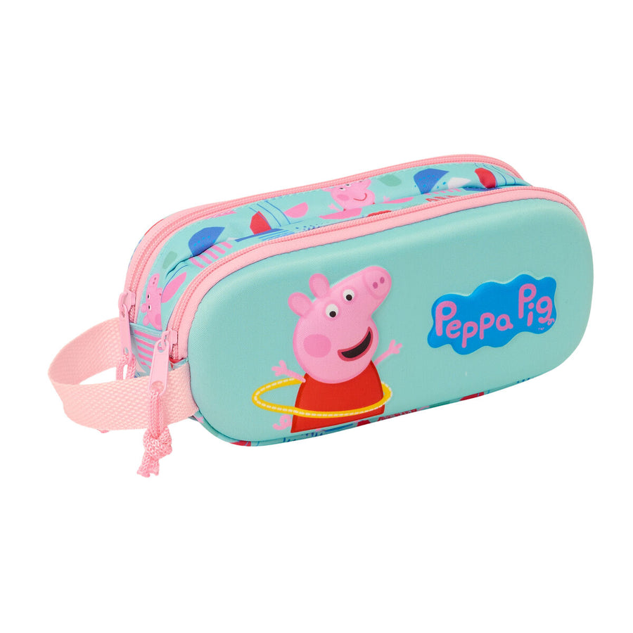 Peppa Pig zweifaches Mehrzweck-Etui in Grün und Rosa mit 3D-Design, zwei Fächern und seitlichem Tragegriff – Produktansicht