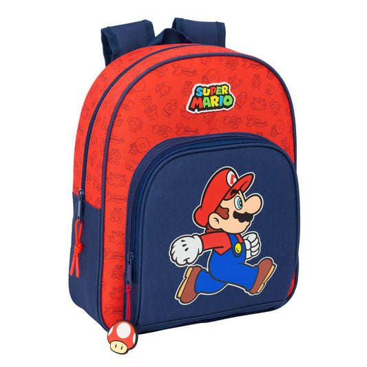 Roter und dunkelblauer Super Mario Schulrucksack aus Polyester mit mehreren Fächern und Tragegriff