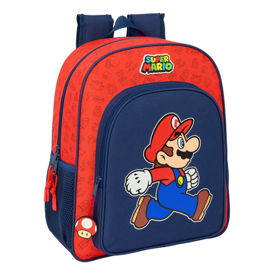 Super Mario Schulrucksack in Rot und Dunkelblau, ergonomisch mit zwei seitlichen Flaschentaschen.