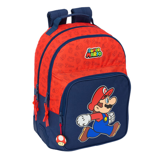 Super Mario Schulrucksack in Rot und Dunkelblau, aus Polyester, 32x42x15 cm.