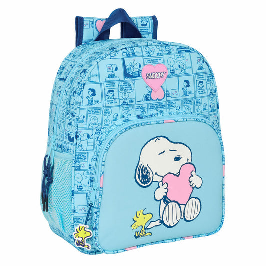 Blauer Snoopy Schulrucksack mit ergonomischer Polsterung und seitlichen Flaschentaschen.