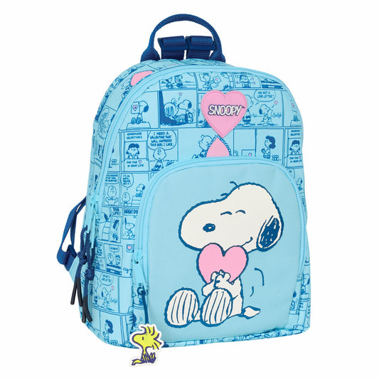 Hellblauer Snoopy Rucksack aus Polyester mit mehreren Reißverschlussfächern und verstellbarem Design.