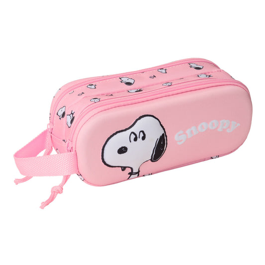 Rosa Snoopy 3D Etui mit zwei Fächern, ideal für Stifte und Schulmaterialien.