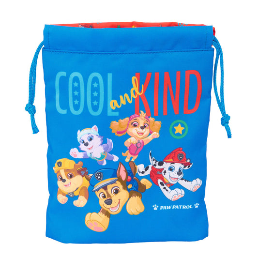 Blaue und rote Paw Patrol Lunchbox aus Polyester mit thermischer Isolierung und Schnurverschluss.
