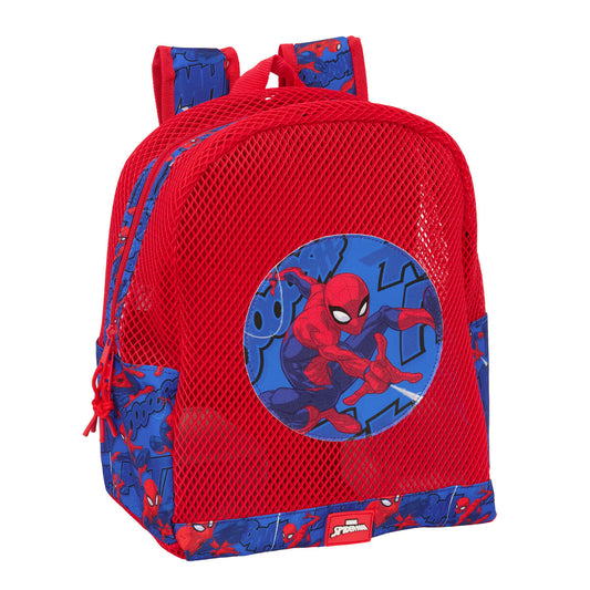 Blauer und roter Spider-Man Strandrucksack für Kinder, 30,5 x 24 x 18 cm, mit gepolsterten Gurten.