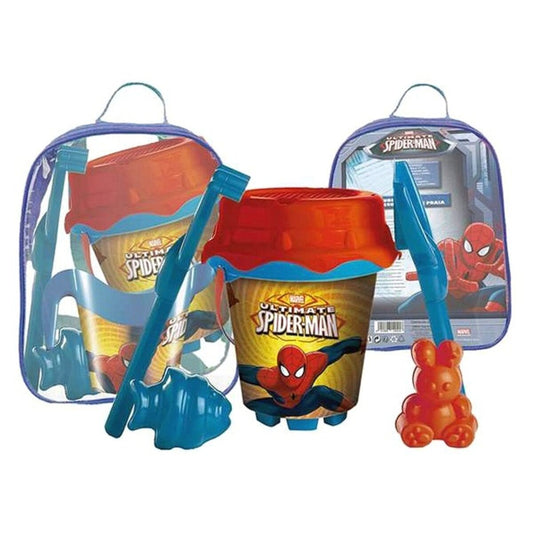 Rotes Spiderman Strandspielzeug-Set mit Eimer, Schaufel und Rechen im Rucksack für Kinder