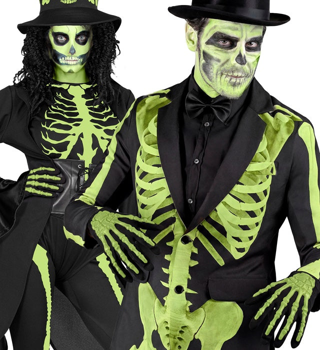 3D Neon Skelett Handschuhe in leuchtenden Farben für Fasnacht und Halloween