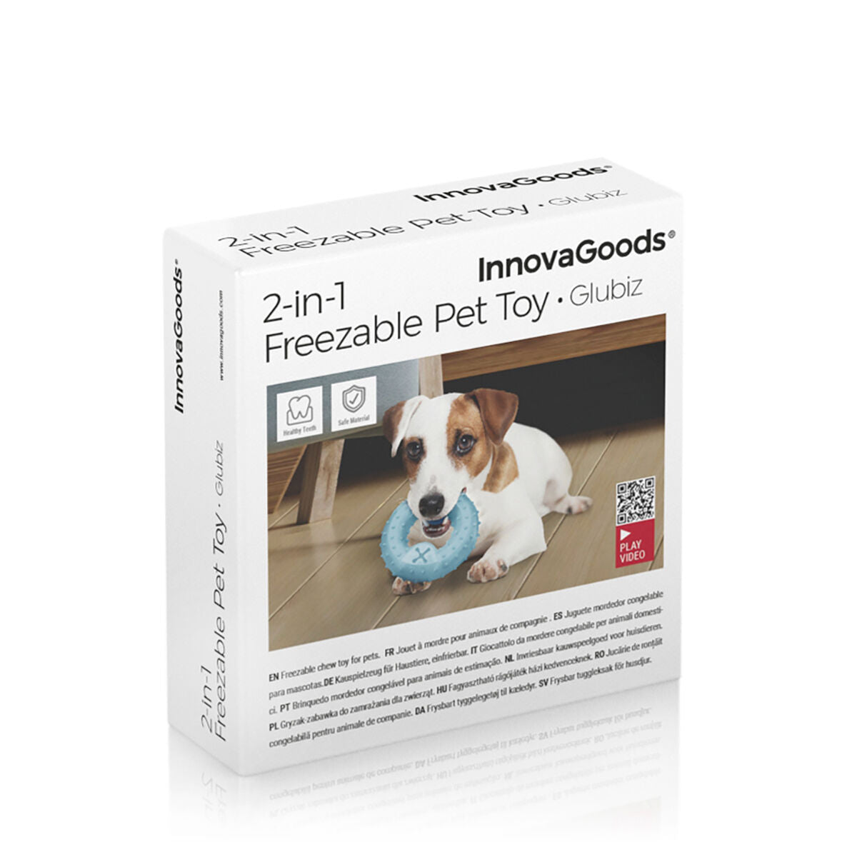 Glubiz gefrierfähiges 2-in-1-Beissspielzeug für Hunde von InnovaGoods, blau – Verpackung