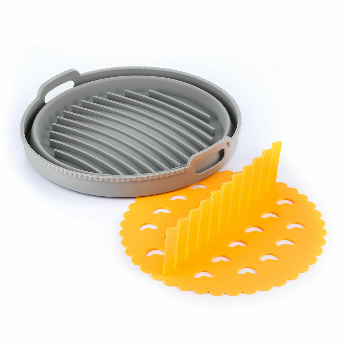 InnovaGoods Set mit drei faltbaren Silikonkörben für Heissluftfritteuse mit Griffen und Trennwand – Seitenansicht