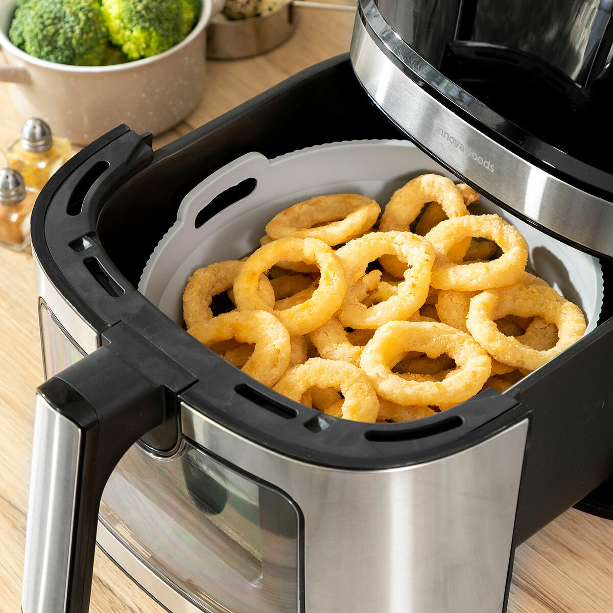 InnovaGoods Set mit drei faltbaren Silikonkörben für Heissluftfritteuse mit Griffen und Trennwand – Ansicht 7