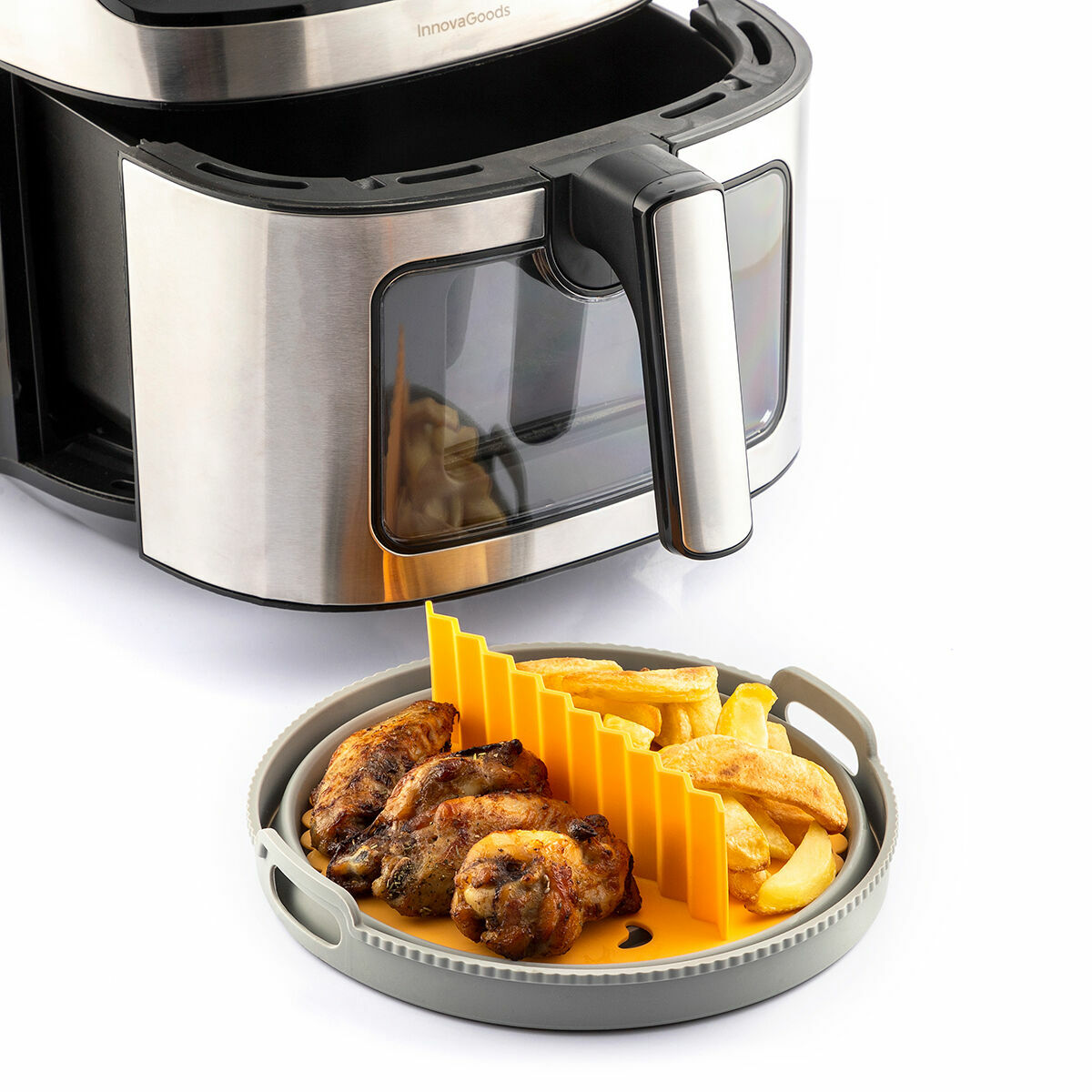 InnovaGoods Set mit drei faltbaren Silikonkörben für Heissluftfritteuse mit Griffen und Trennwand – Verpackung