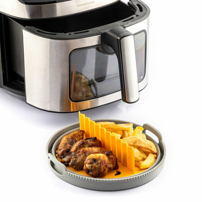 InnovaGoods Set mit drei faltbaren Silikonkörben für Heissluftfritteuse mit Griffen und Trennwand – Verpackung