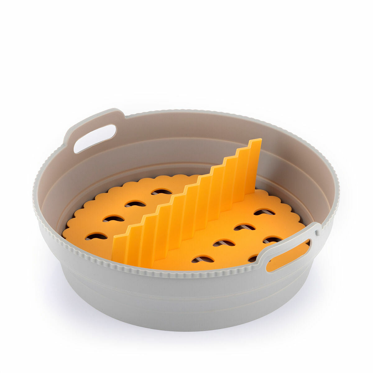 InnovaGoods Set mit drei faltbaren Silikonkörben für Heissluftfritteuse mit Griffen und Trennwand – Rückansicht
