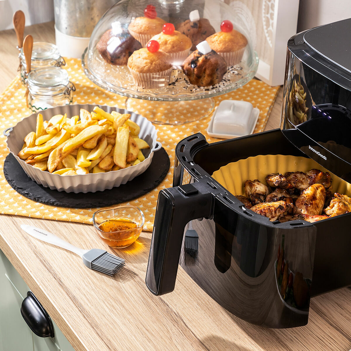 4er-Pack Silikonkörbe mit Griffen für Heissluftfritteuse und 2 Küchenpinsel InnovaGoods – Ansicht 8