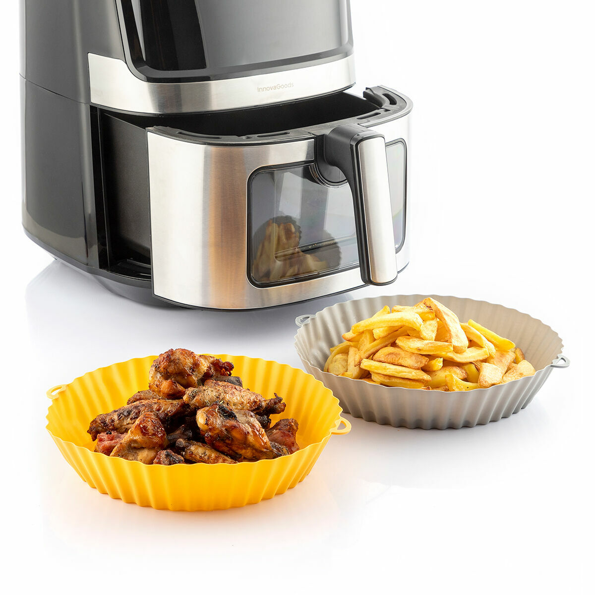 4er-Pack Silikonkörbe mit Griffen für Heissluftfritteuse und 2 Küchenpinsel InnovaGoods – Verpackung