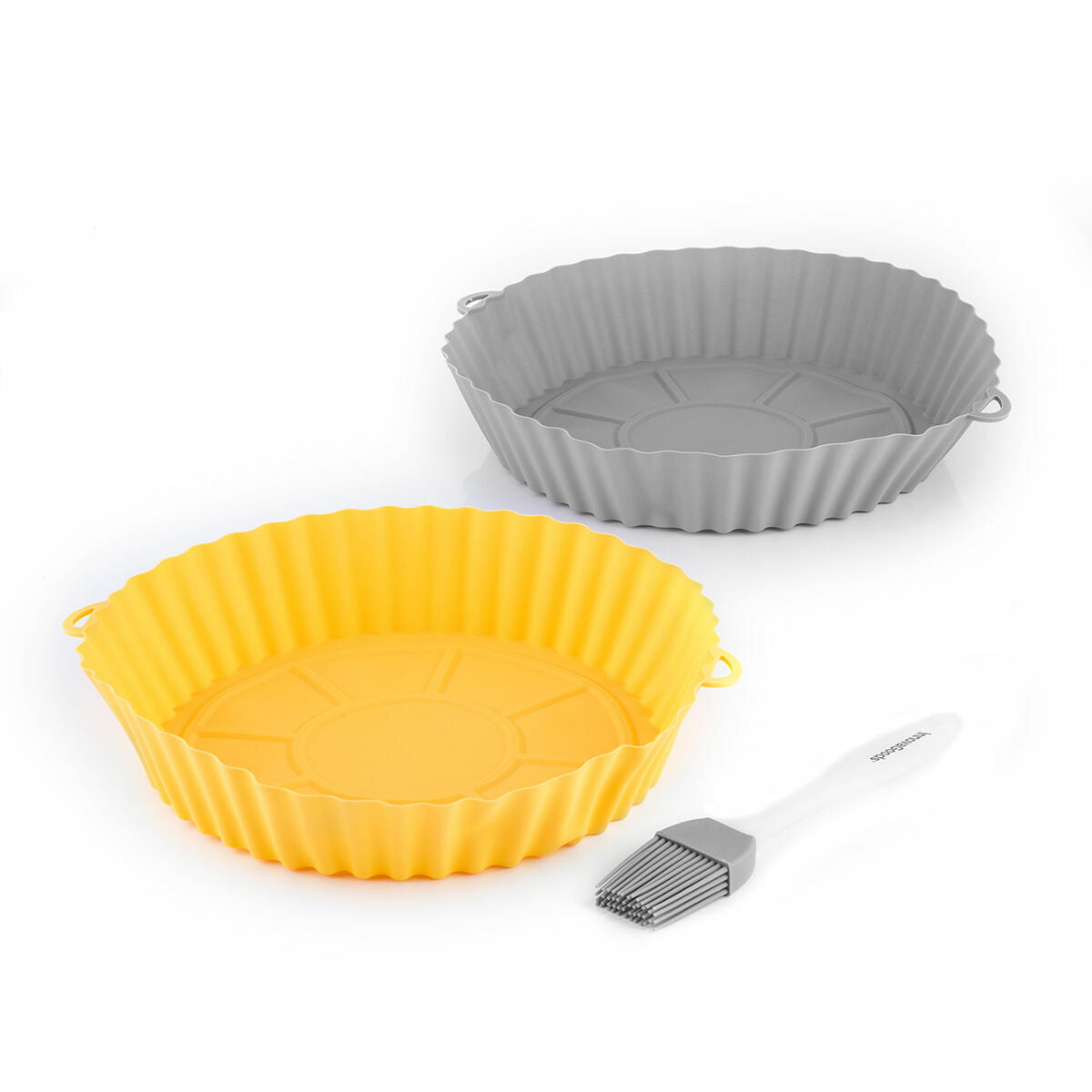 4er-Pack Silikonkörbe mit Griffen für Heissluftfritteuse und 2 Küchenpinsel InnovaGoods – Rückansicht