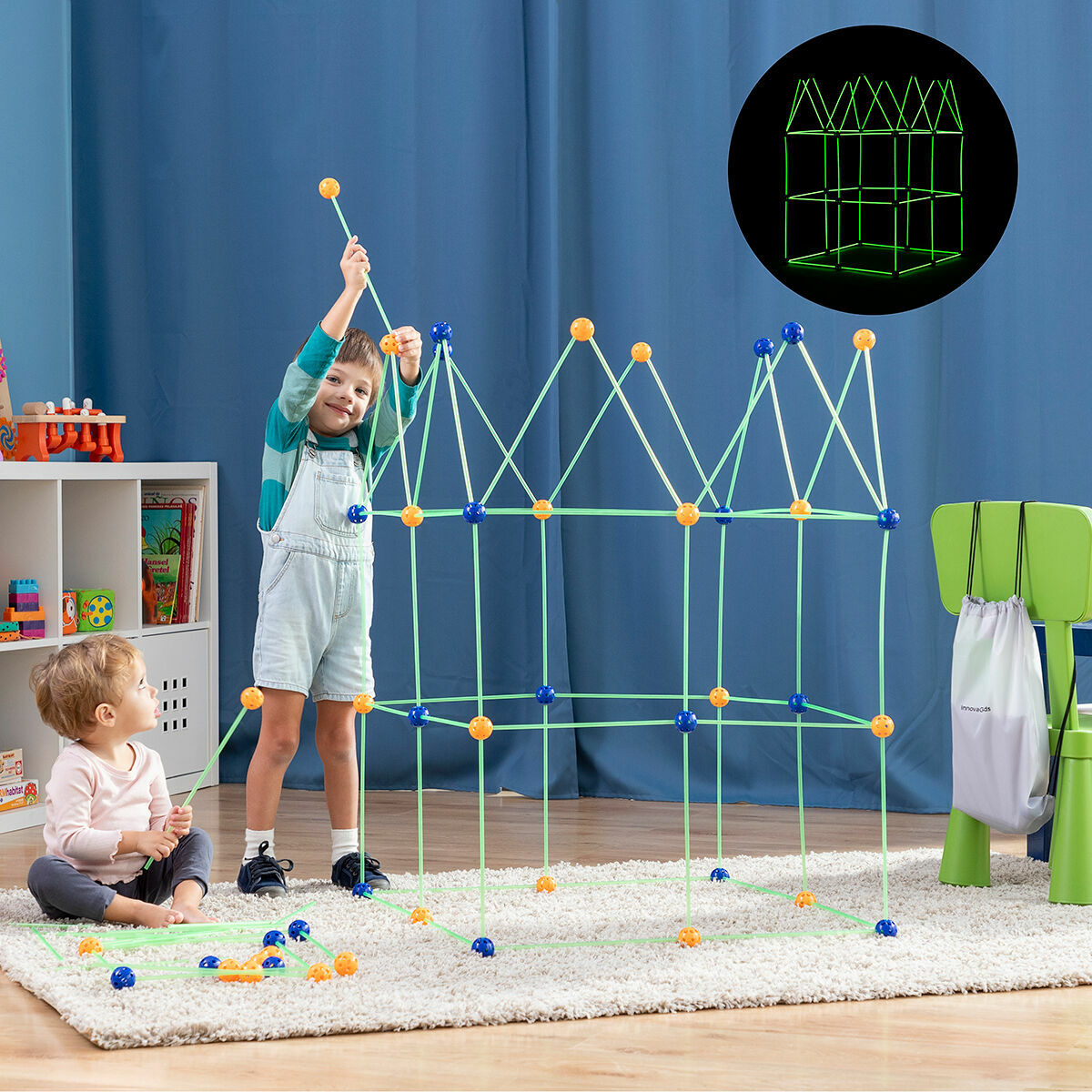 InnovaGoods Builkitt Kinder-Baukasten mit 155 Teilen und fluoreszierenden Stäben – Produktansicht