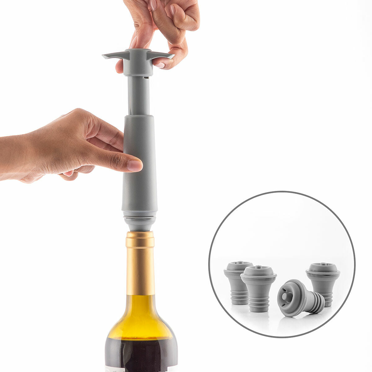 InnovaGoods Winuum Wein-Vakuumpumpe mit vier Vakuumverschlüssen in Grau – Rückansicht