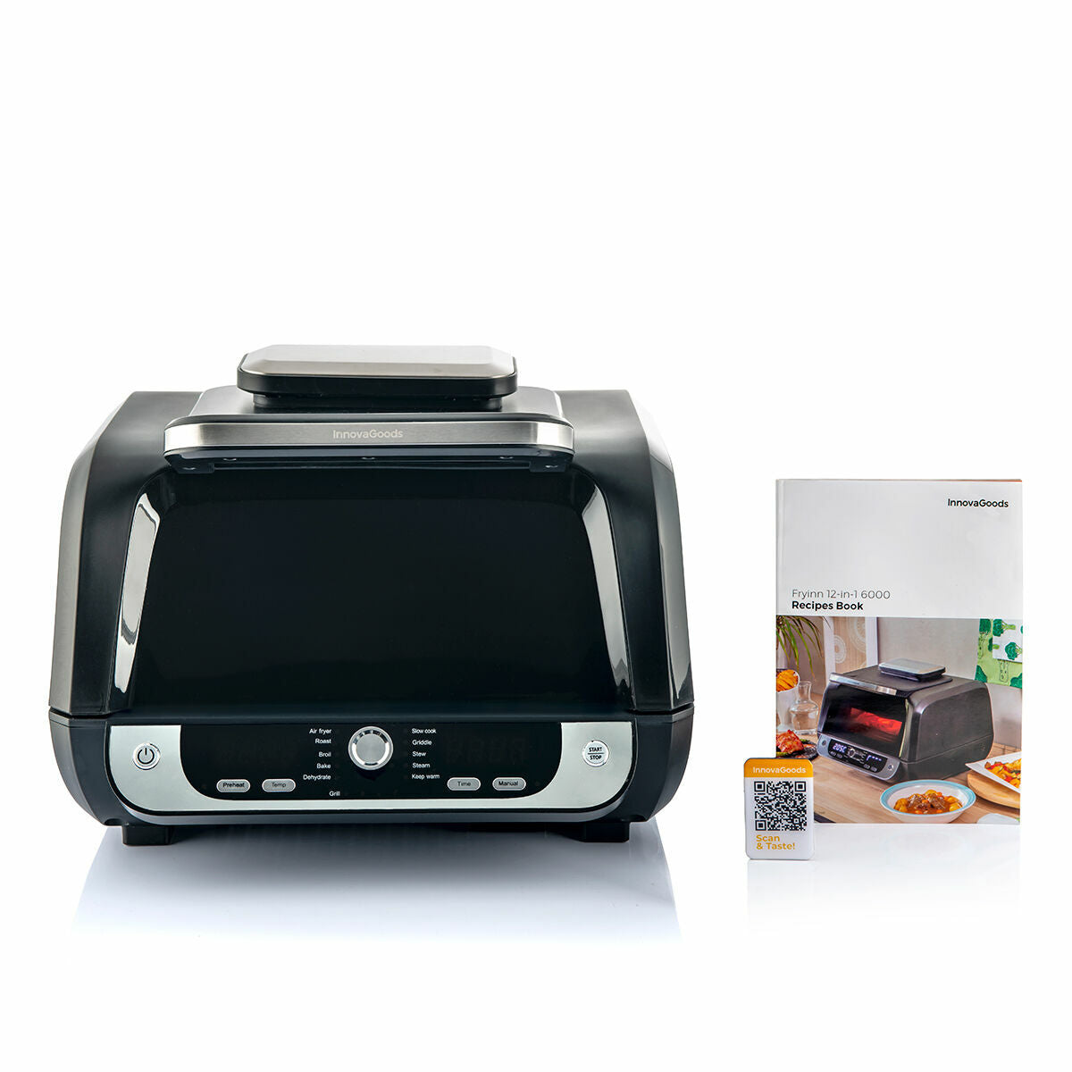 InnovaGoods Fryinn 12-in-1 Heissluftfritteuse mit Grill in Schwarz und Stahl, 6 l – Verpackung